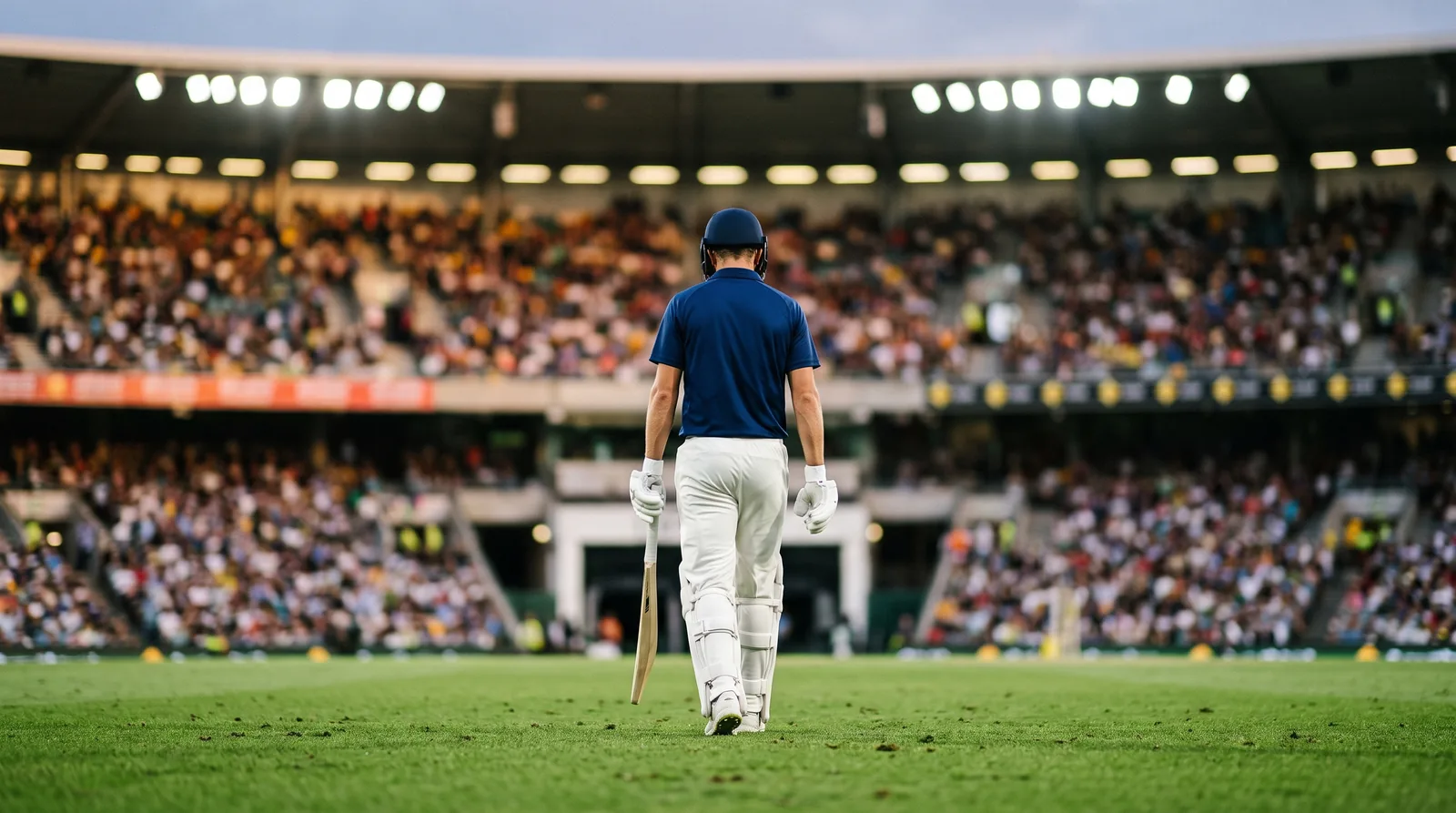 A batter walks back to the pavilion with his head down after being dismissed at a floodlit cricket ground