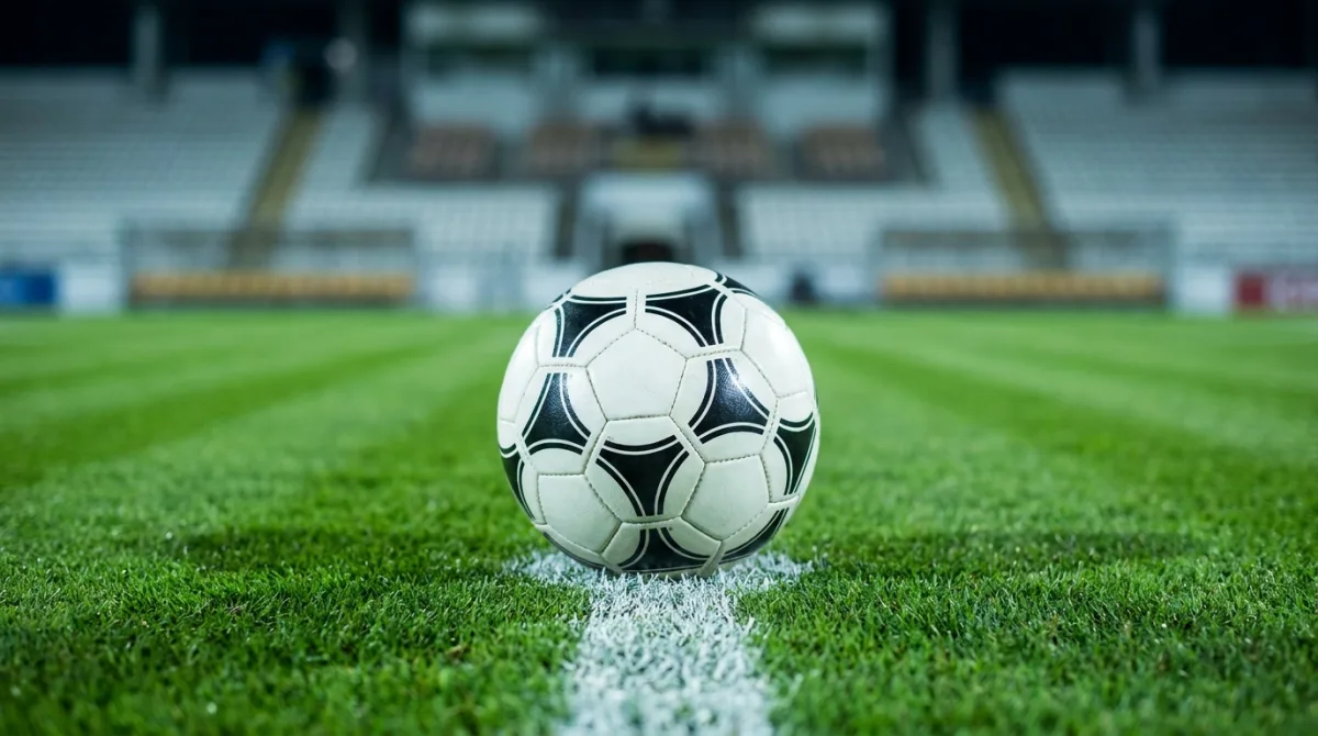 A match football on the painted line of a floodlit stadium pitch at night