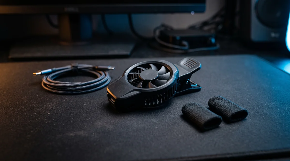 Clip-on phone cooling fan, finger sleeves and a braided cable on a dark gaming desk