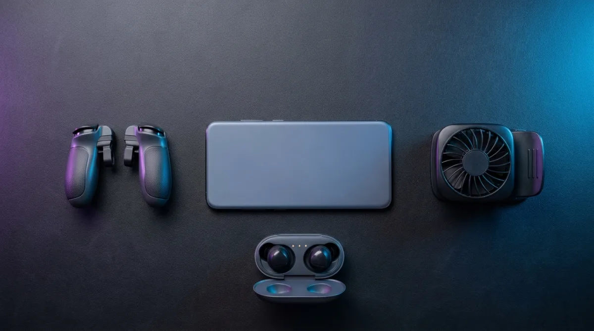 Overhead flat-lay of mobile gaming gear on a dark desk: phone, trigger buttons, earbuds and a cooling fan