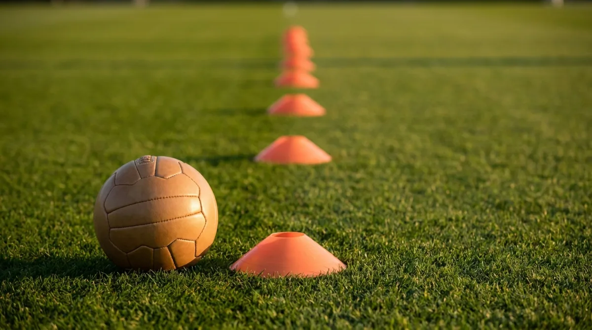 A leather football on the grass beside a receding line of orange training marker cones