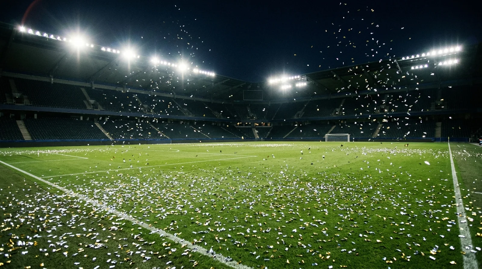 Confetti scattered across an empty floodlit football pitch after a final