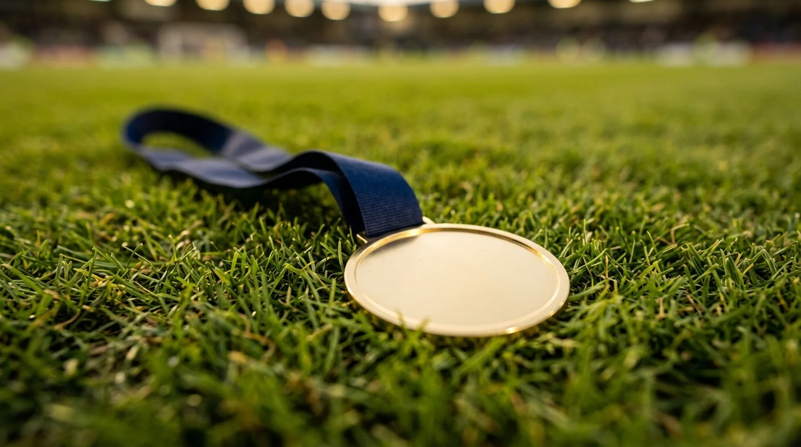 A plain gold winner's medal on a dark ribbon lying on football pitch grass