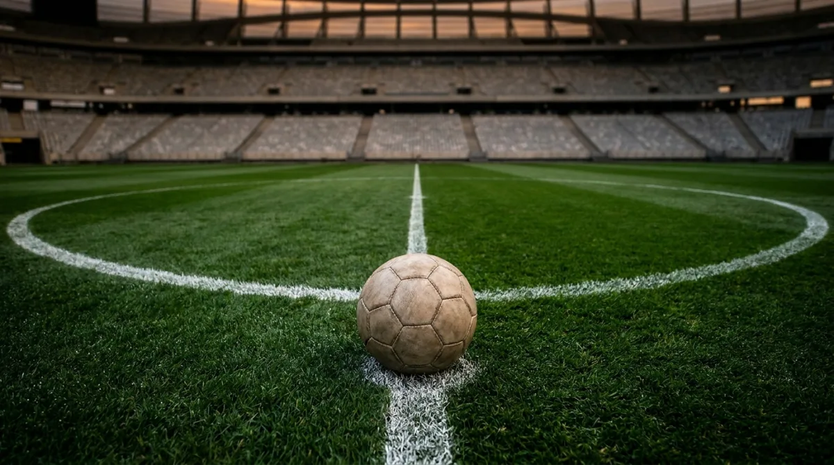 A tan leather match ball on the halfway line inside the centre circle of an empty stadium