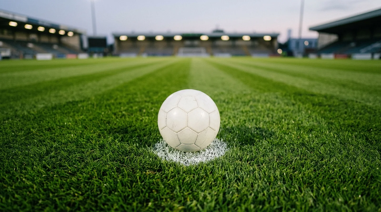 A football placed on the penalty spot of an empty football pitch