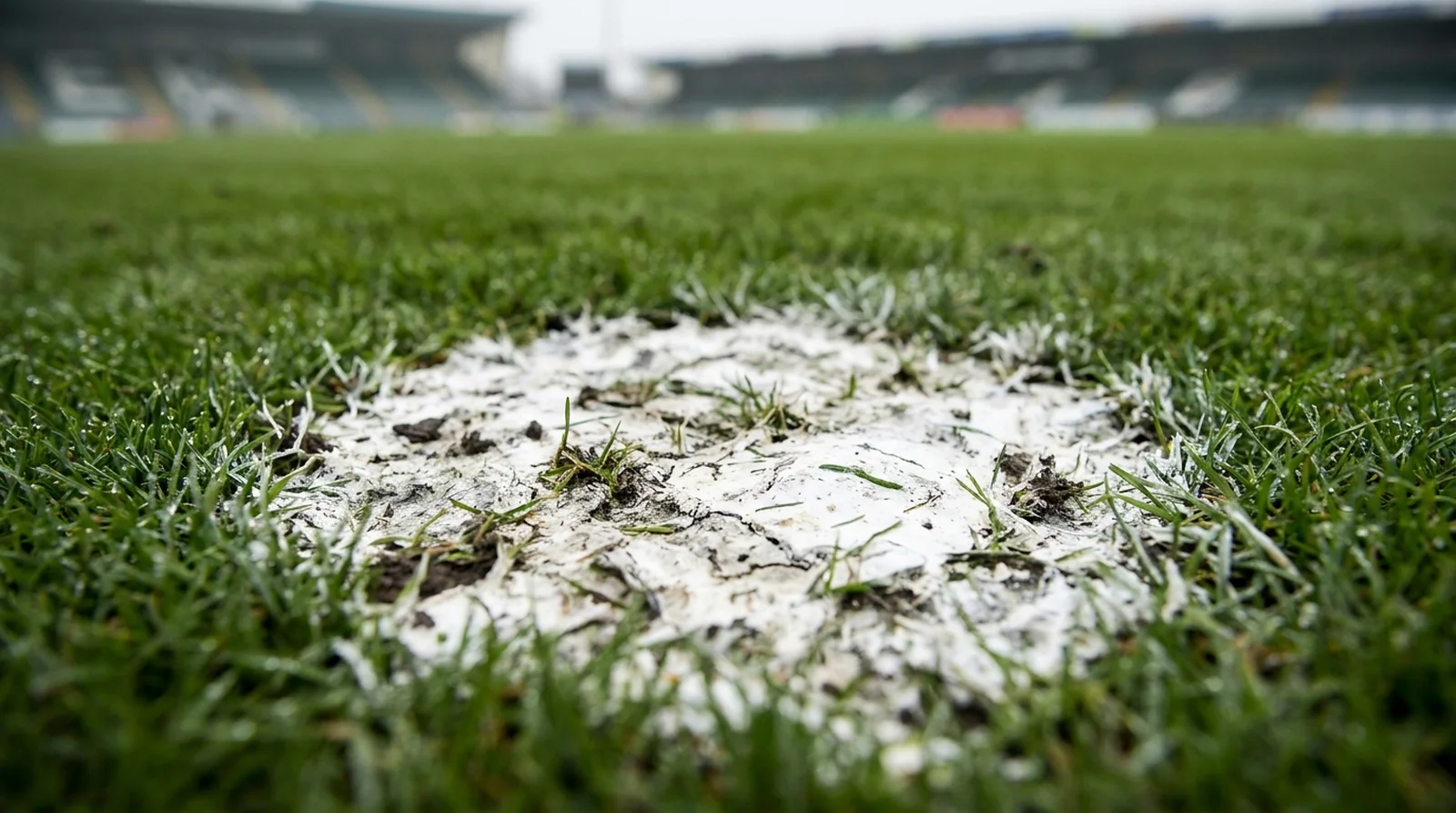 A scuffed and worn white penalty spot on a football pitch, seen at grass level