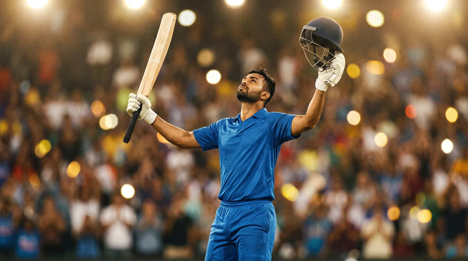An India batter raises his bat and helmet after reaching a half-century under floodlights