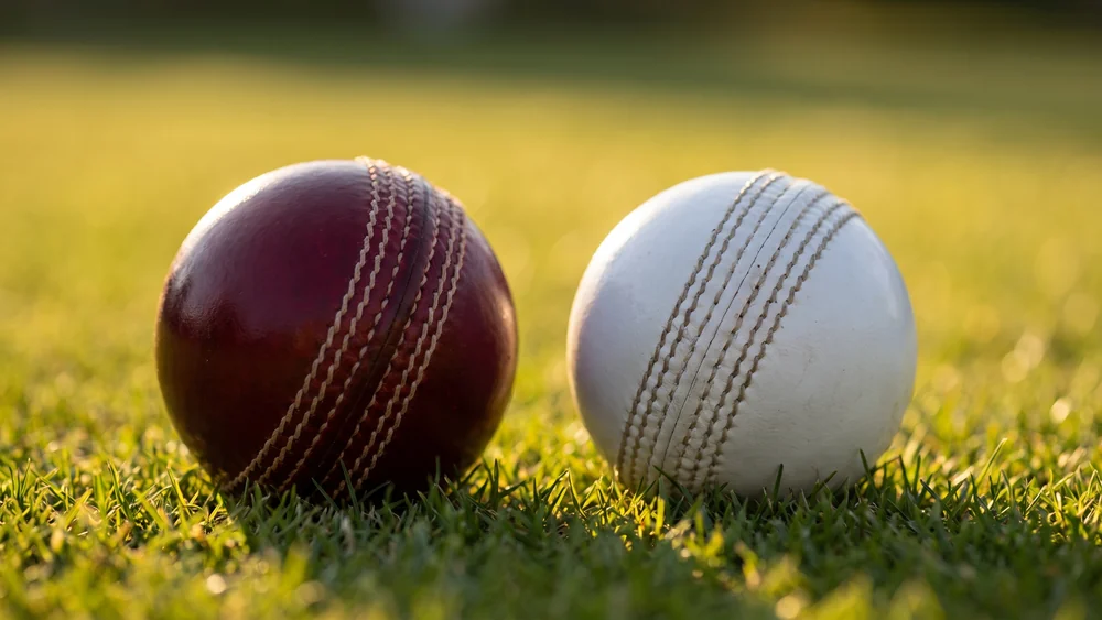 Red and white cricket balls side by side on grass, representing all three international formats