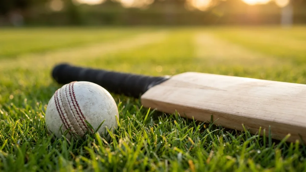 A white cricket ball and a plain willow bat lying on mown outfield grass in evening light