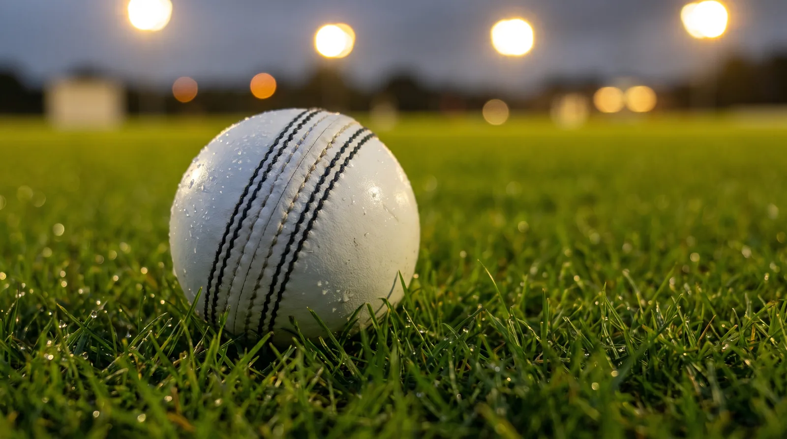 A white cricket ball with a black seam resting in dew-covered outfield grass