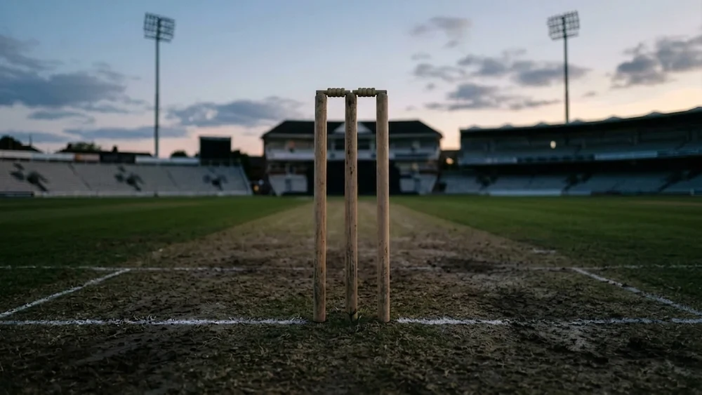 Cricket stumps on a worn pitch at dusk in an empty floodlit ground