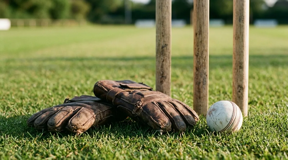 Cricket gloves and a white ball on the grass beside a set of stumps