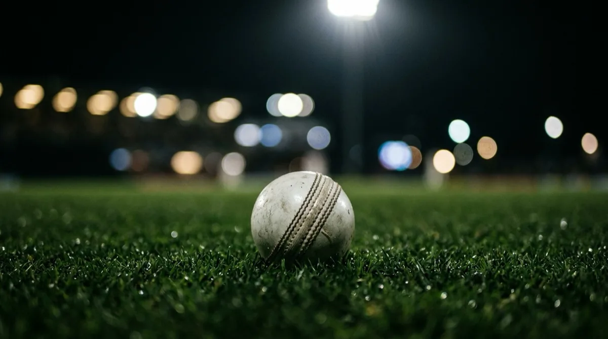A white cricket ball on the outfield grass at night under stadium floodlights