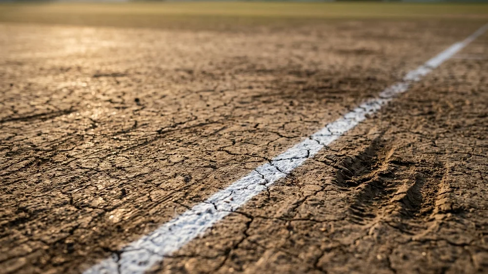 Cracks and bowlers' footmarks on a dry cricket pitch beside the crease line