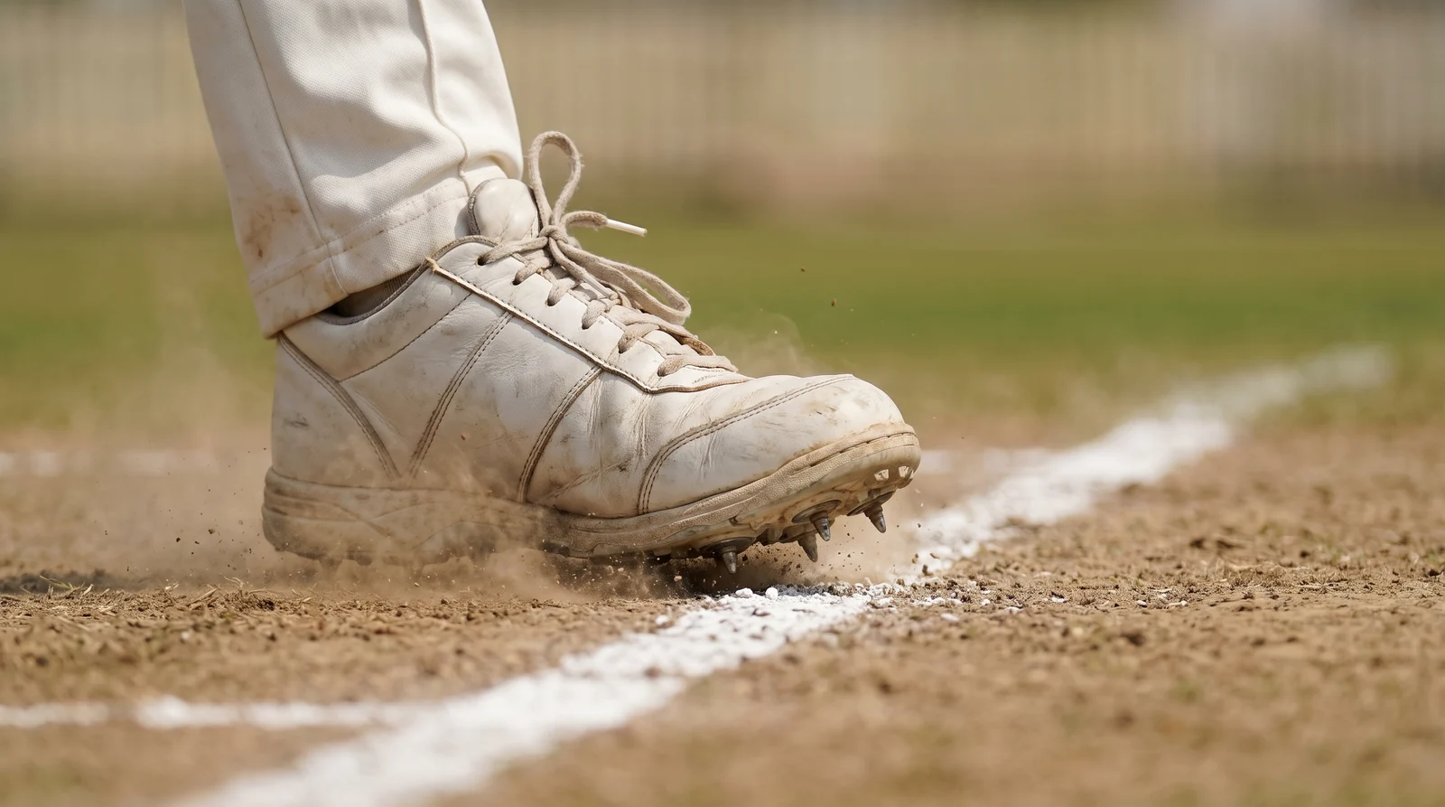 Close-up of a bowler's spiked boot landing on the white popping crease line, kicking up dust from a dry cricket pitch
