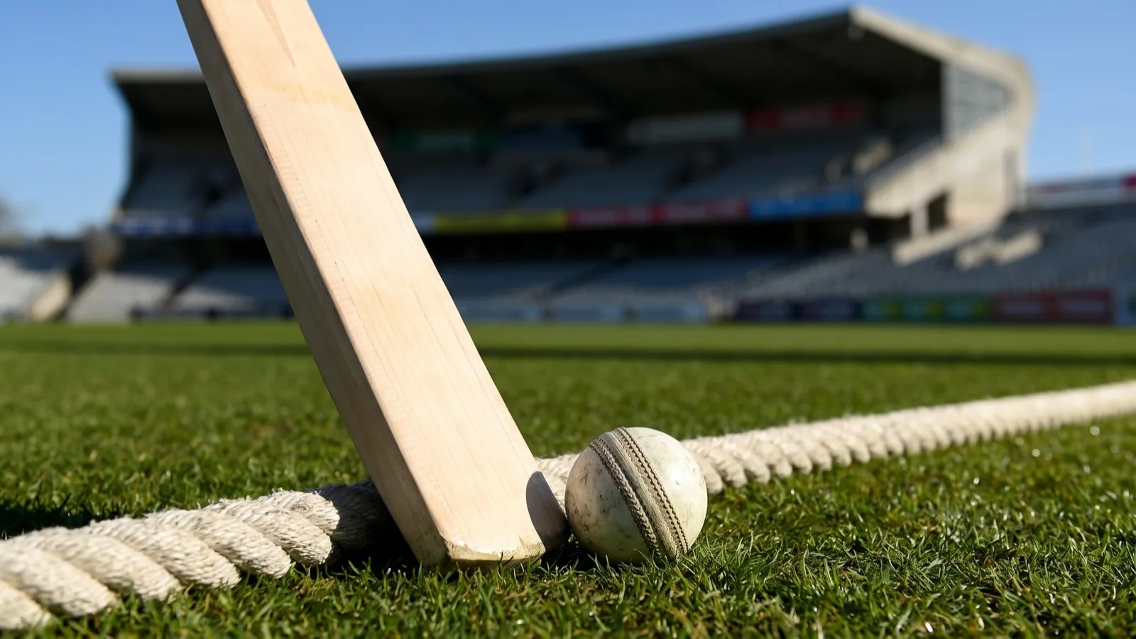 A cricket bat resting against a boundary rope with a white ball on the outfield grass