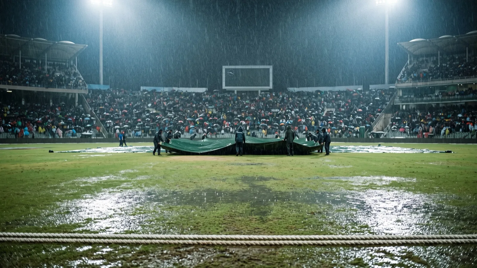 Ground staff pull covers over the pitch as rain falls on a floodlit cricket ground