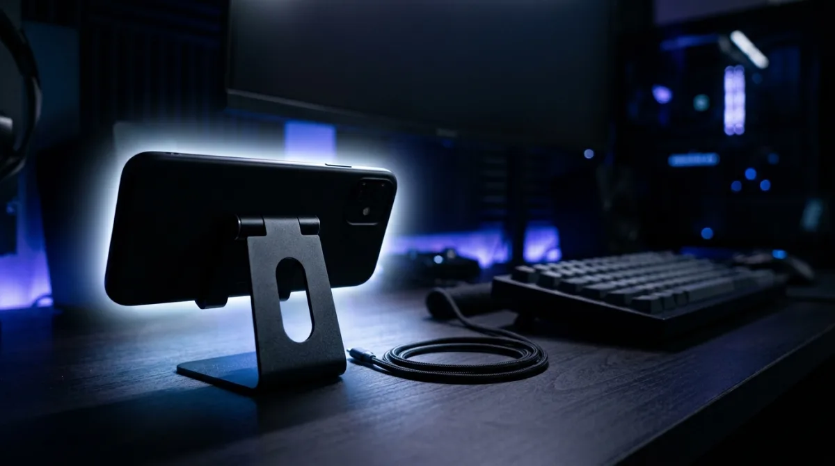 A smartphone on a stand at a dark gaming desk, its screen light spilling around the edges