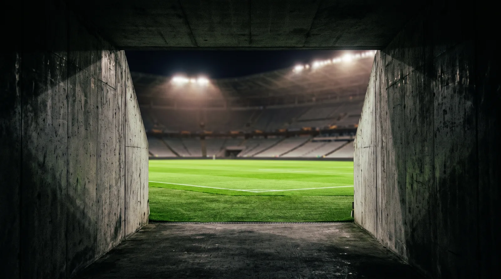 View from an empty players tunnel out onto a floodlit football pitch at night