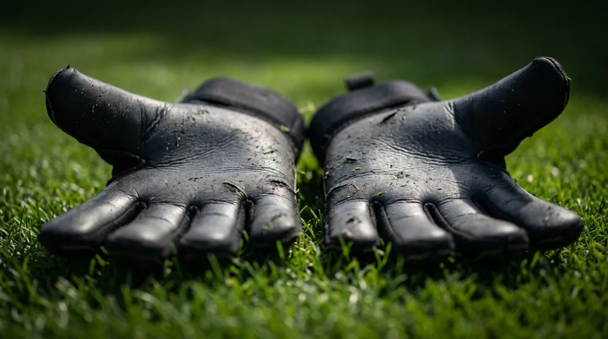 A worn pair of dark goalkeeper gloves lying on green stadium turf