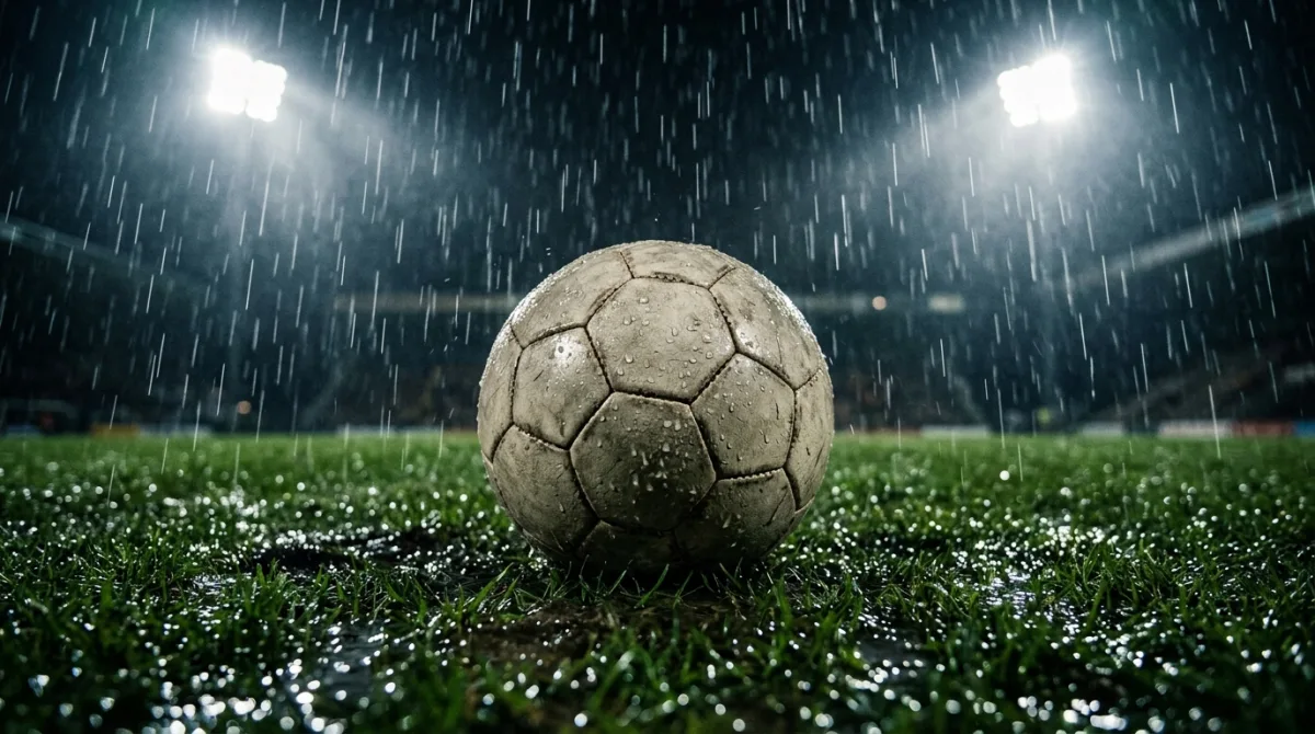 A match ball on soaked grass in heavy rain under stadium floodlights at night