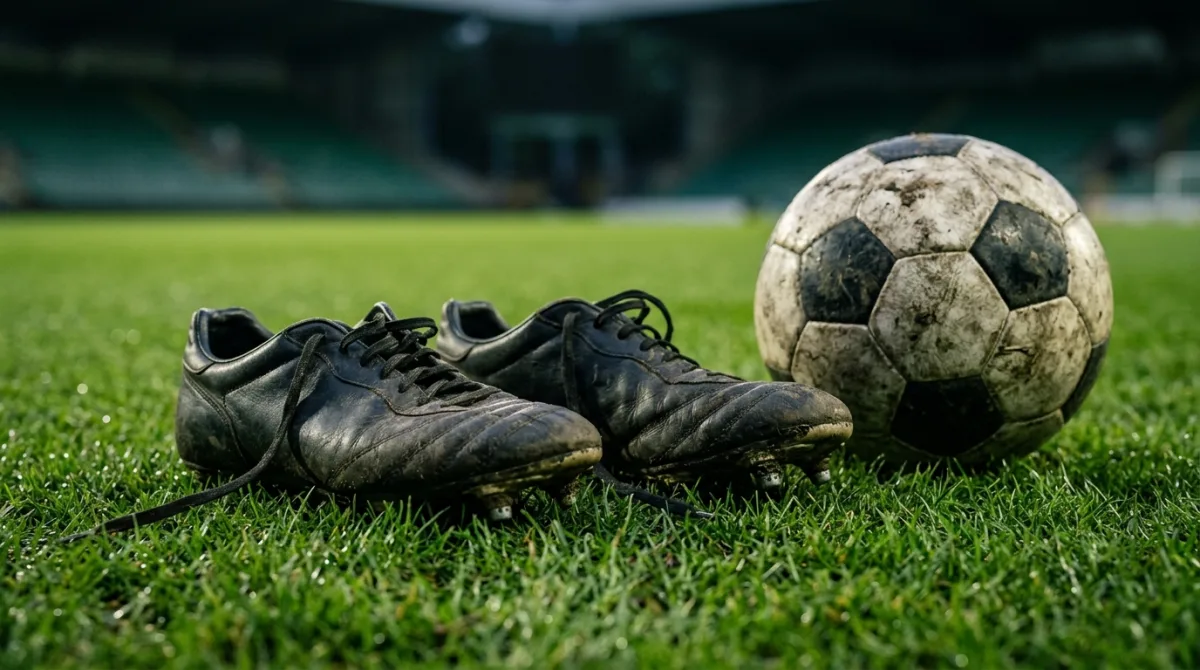 A worn pair of black football boots and a muddy match ball on stadium grass