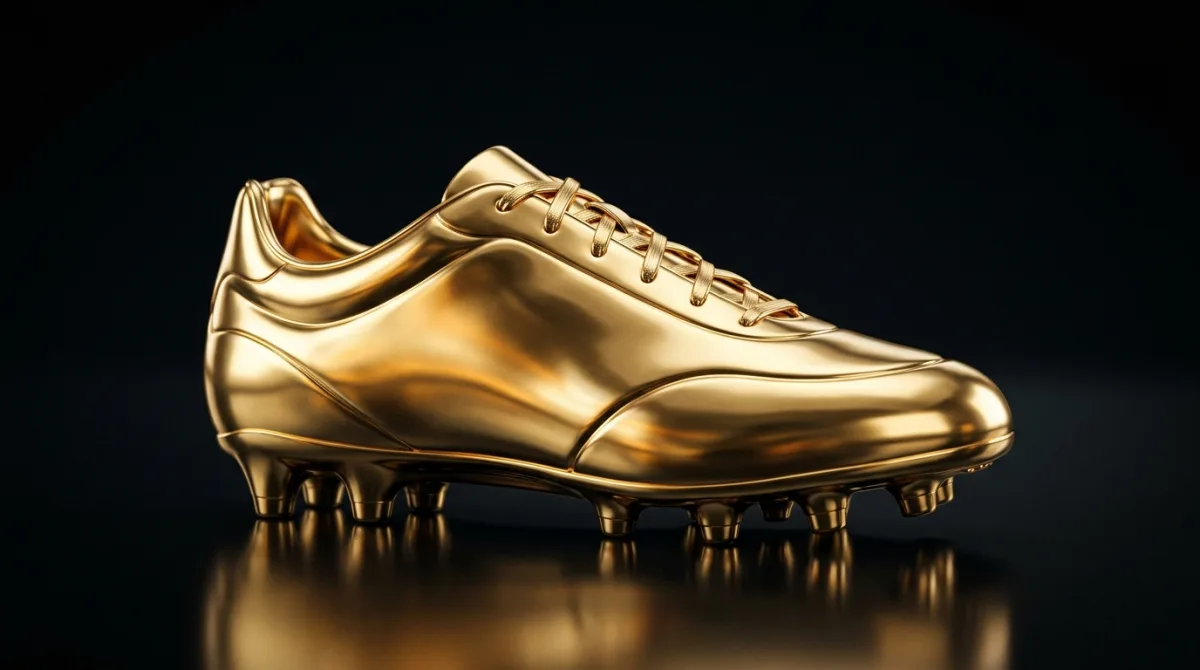 A gold-coloured football boot cast as an award trophy on a dark reflective surface