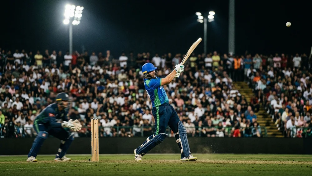 A batsman follows through after hitting a ball over the leg side under floodlights, with the crowd in the stands behind him