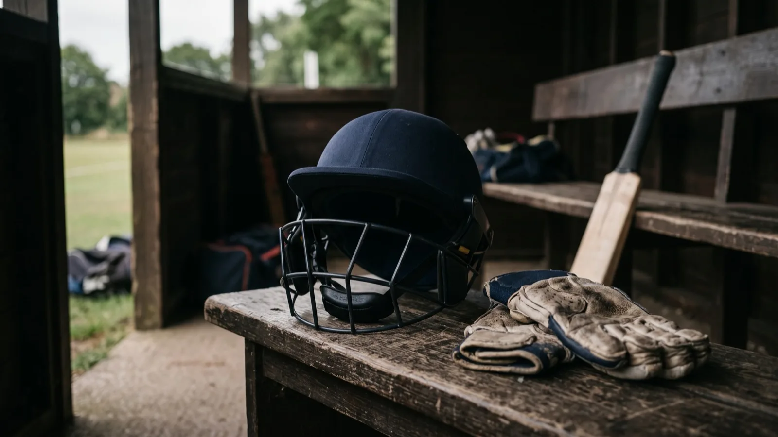 A batting helmet and worn gloves resting on a wooden bench in a cricket pavilion dugout