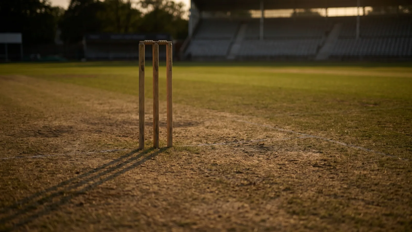 Three cricket stumps with the bails on casting a long shadow across a worn pitch in evening light