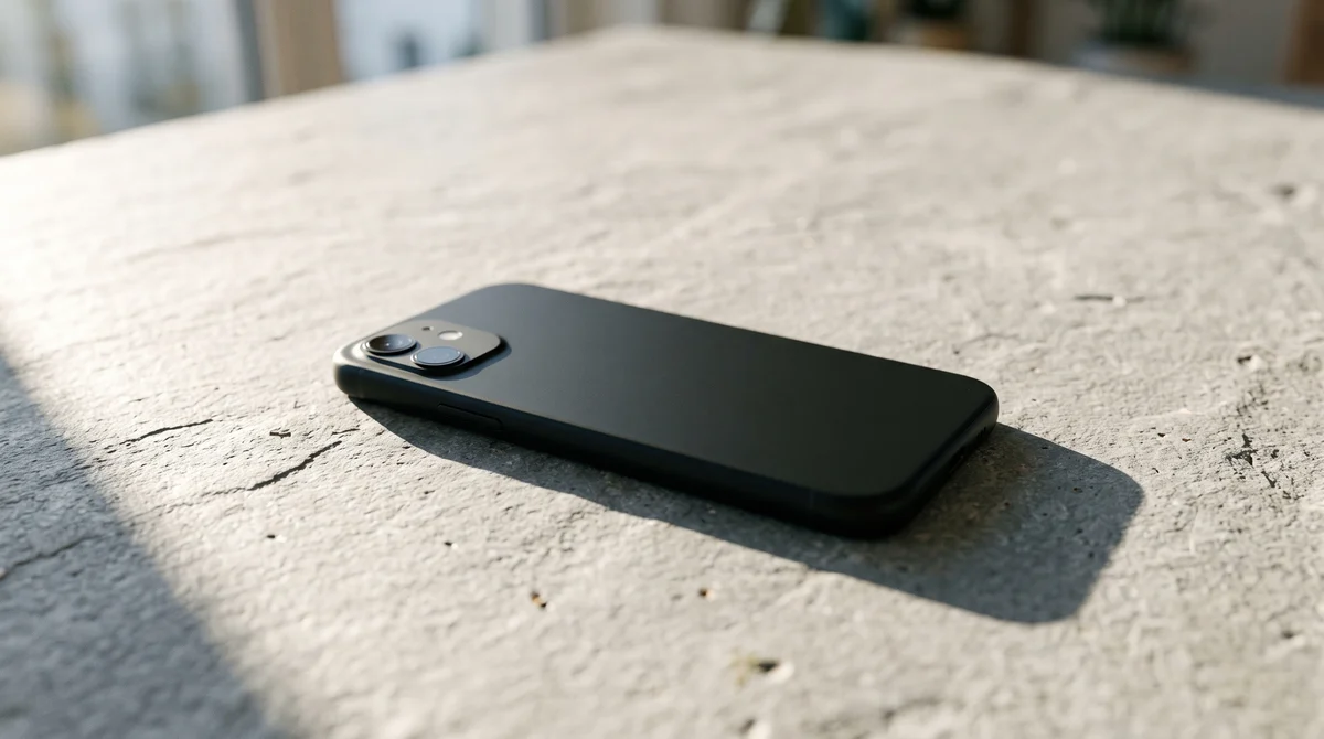 A plain black smartphone lying face down on a sunlit stone desk