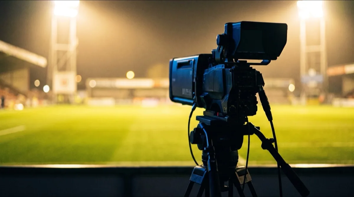 A broadcast television camera on a tripod overlooking a floodlit sports ground at night