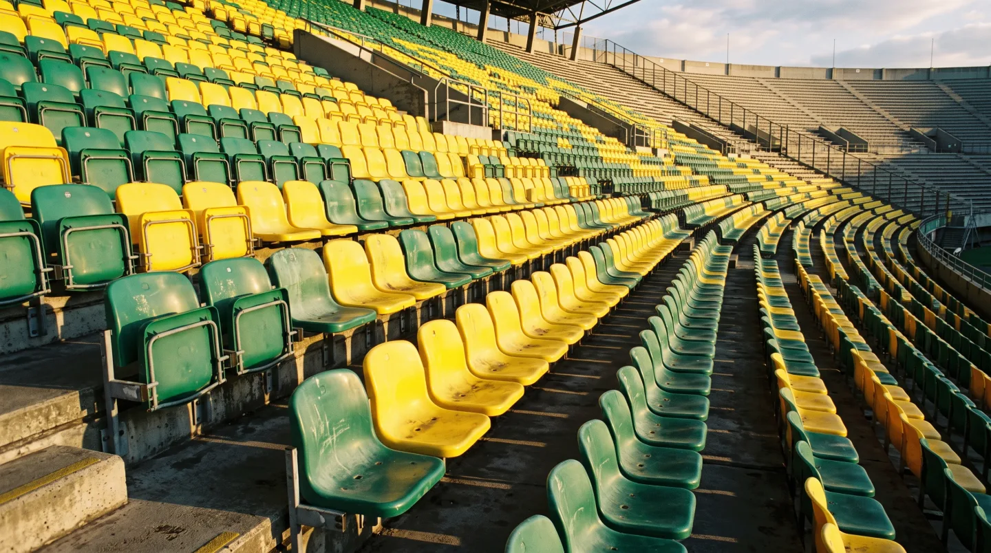 Rows of empty yellow and green stadium seats lit by late afternoon sunlight