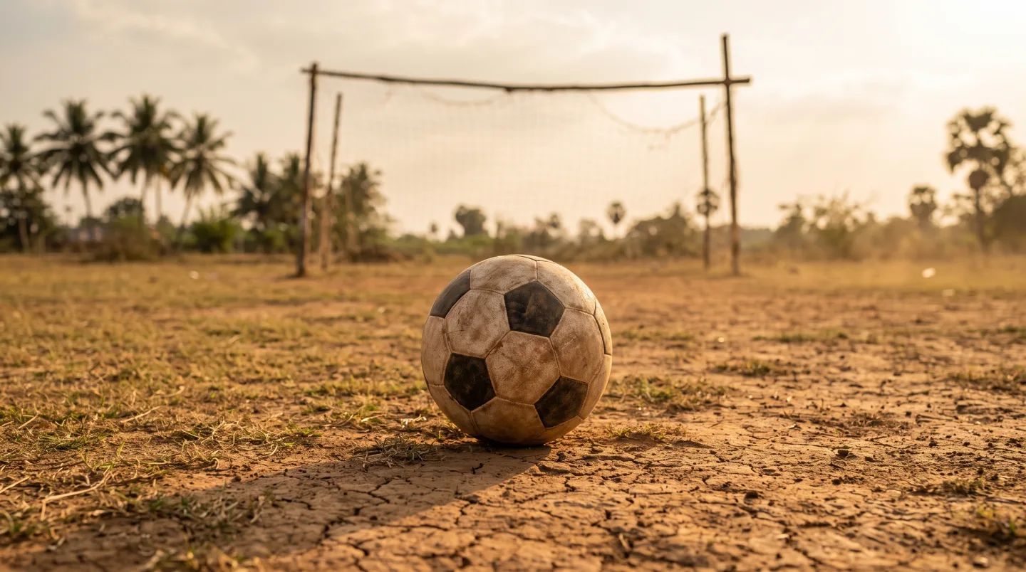 A weathered football resting on a dusty bare-earth pitch in India with makeshift goalposts blurred behind