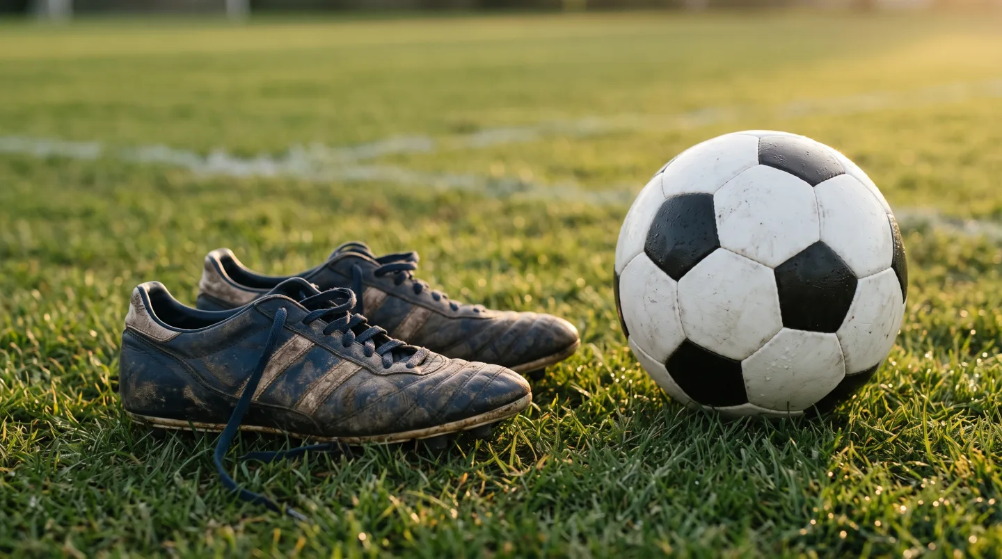 A worn pair of football boots lying on grass beside a football in late afternoon light