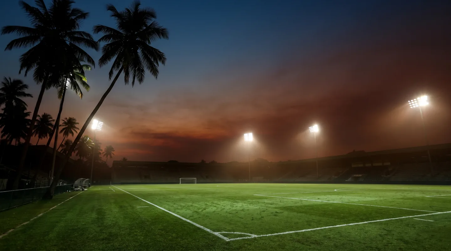 A floodlit football pitch at dusk framed by palm trees against a deep blue and orange sky