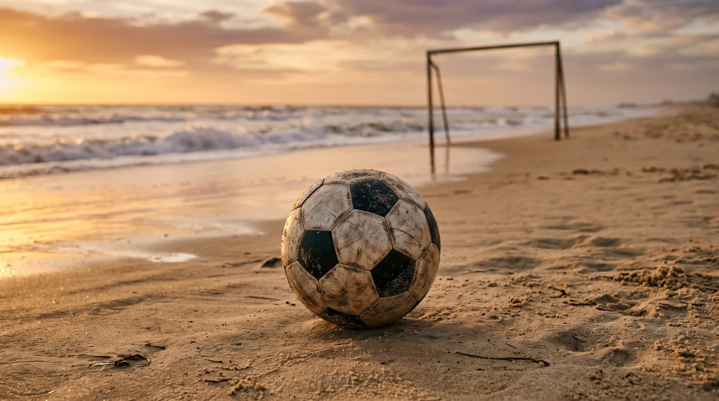 A worn football resting on wet sand at the edge of a Brazilian beach at sunset with wooden goalposts behind