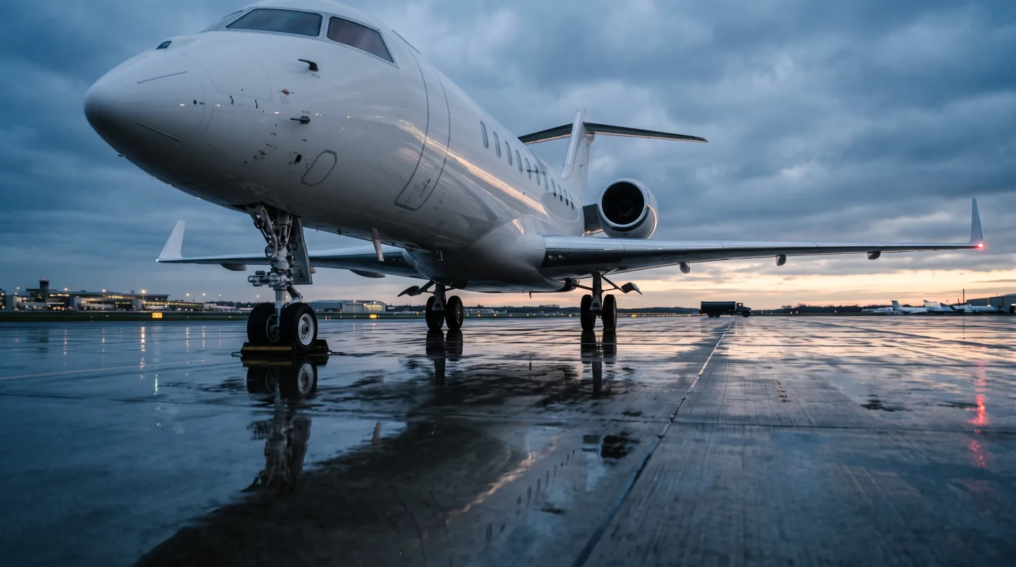A white private business jet parked on a wet airport apron at dusk with runway lights in the distance