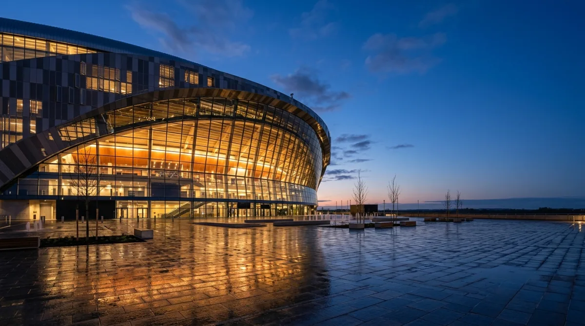 The lit exterior of a modern football stadium at dusk seen across an empty plaza