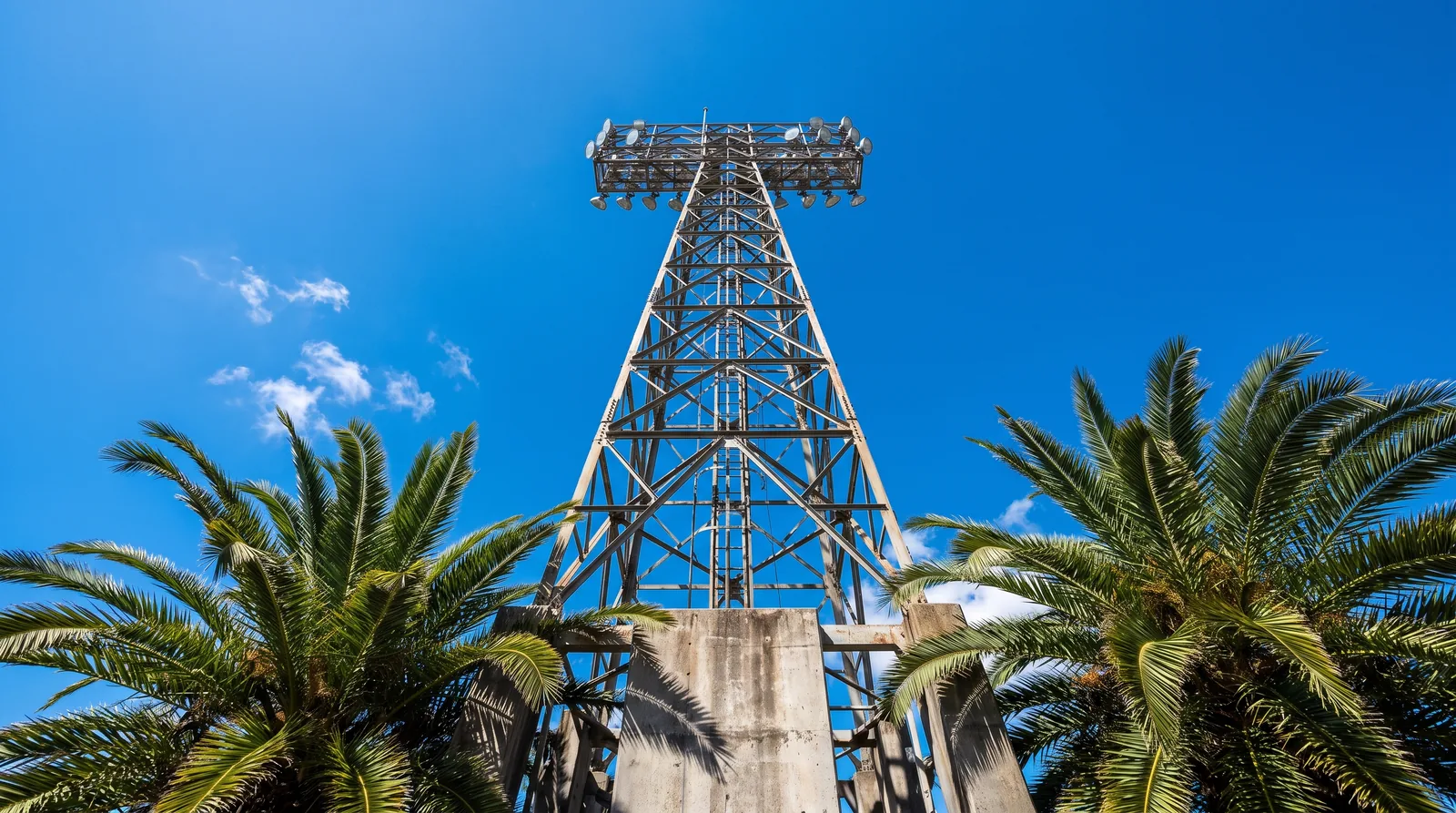 A stadium floodlight pylon framed by palm trees against a bright blue sky