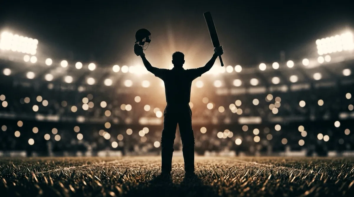 Silhouette of a batter raising bat and helmet to celebrate a T20 century under floodlights