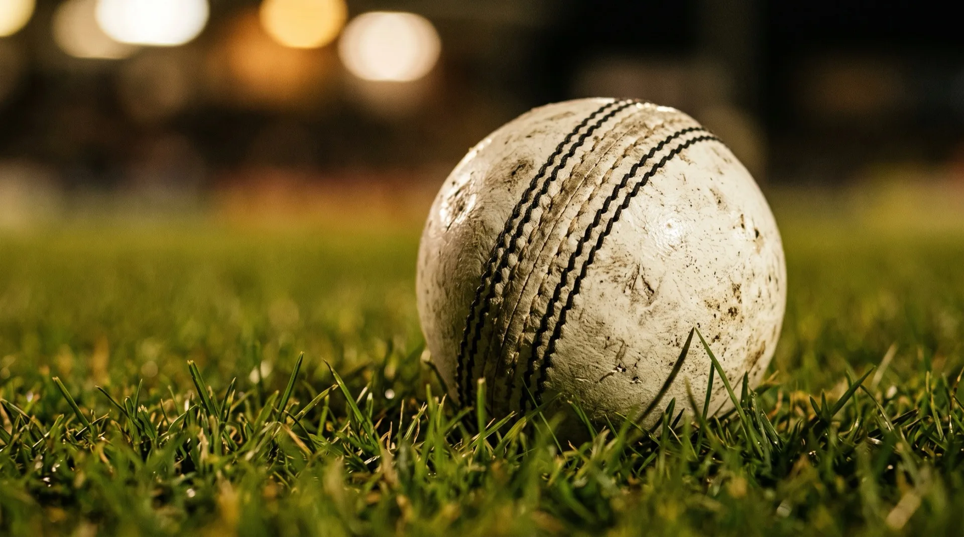 A scuffed white cricket ball with black seam stitching resting on grass under floodlights