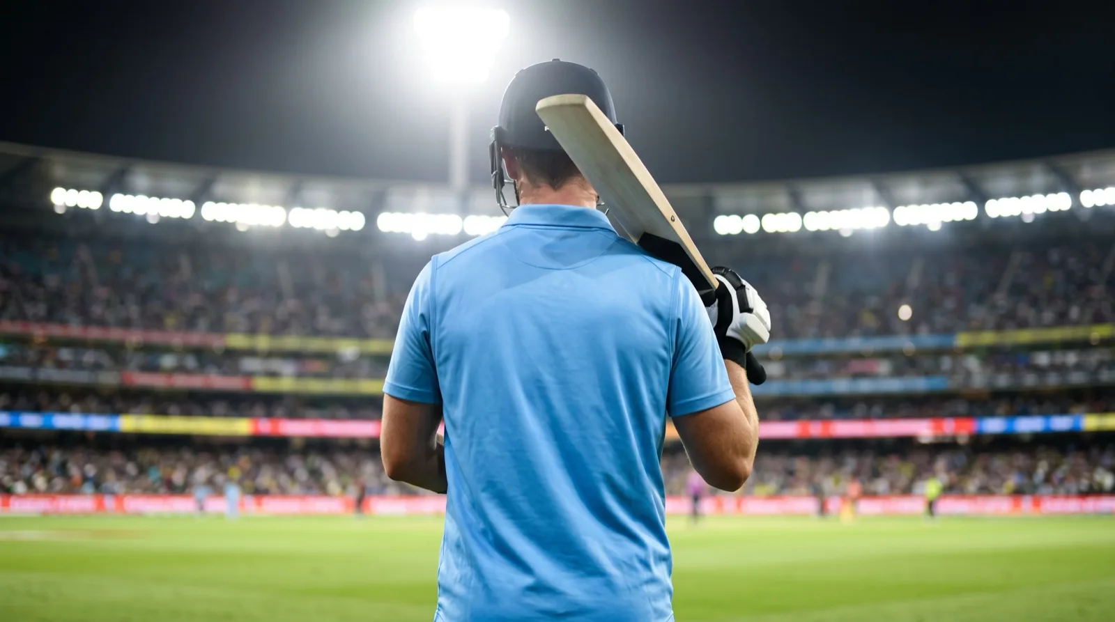 Cricketer seen from behind walking out to bat with his bat over his shoulder under floodlights
