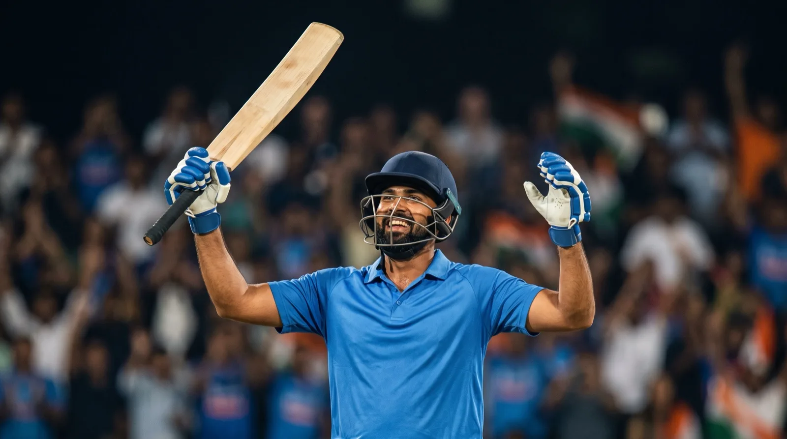 Cricket batsman raising his bat after reaching a fifty under floodlights