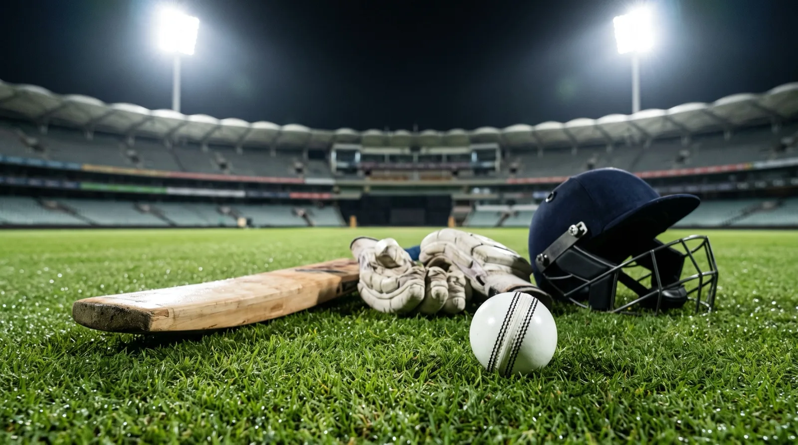 Cricket bat, gloves, helmet and a white ball on the outfield of an empty floodlit stadium