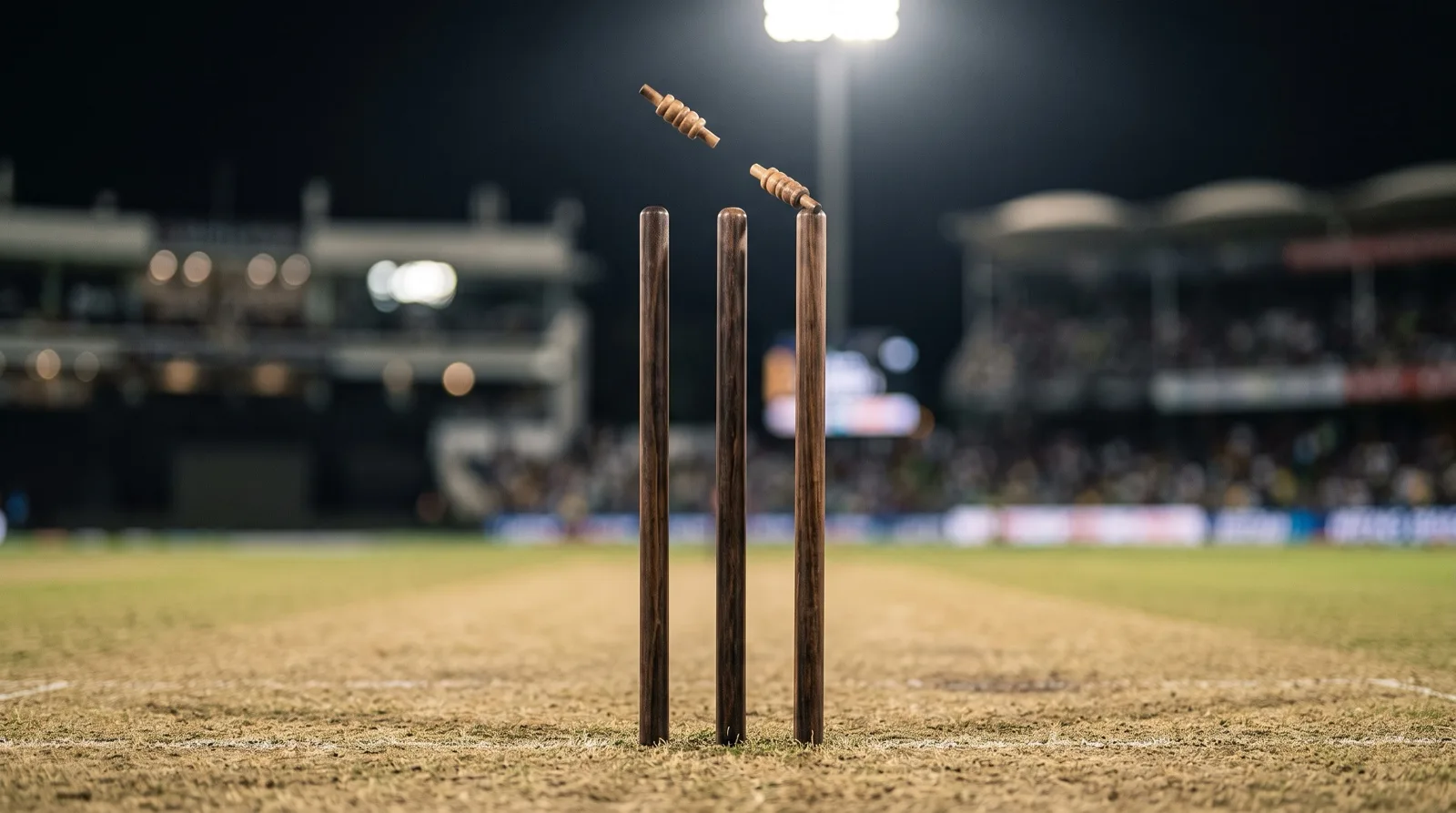 Cricket bails knocked into the air off three intact stumps at a floodlit ground