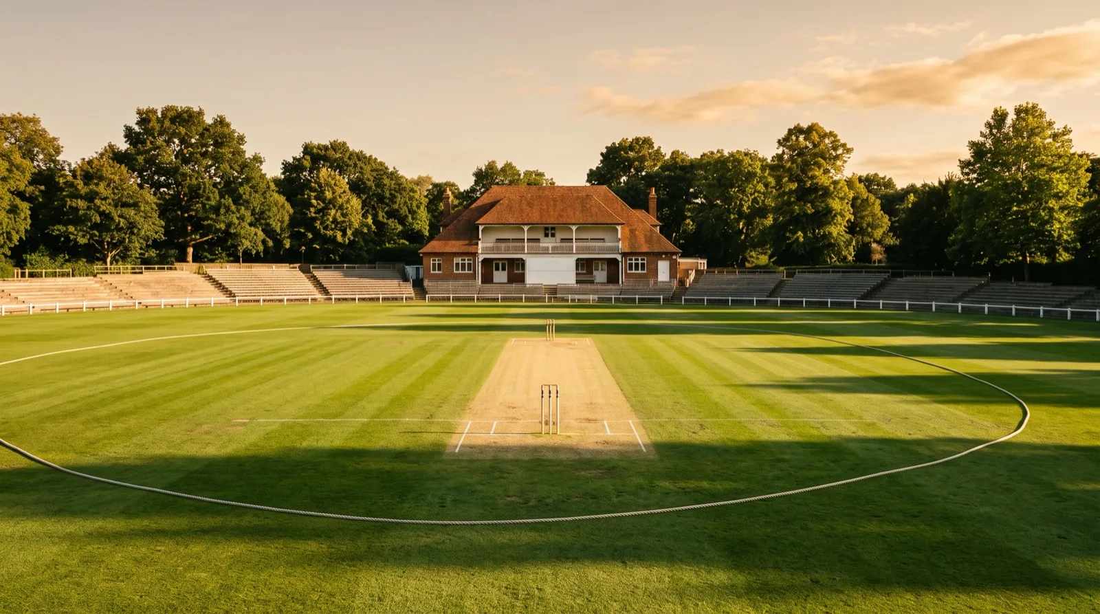 An empty traditional Test cricket ground with a prepared pitch and pavilion in late-afternoon sunlight