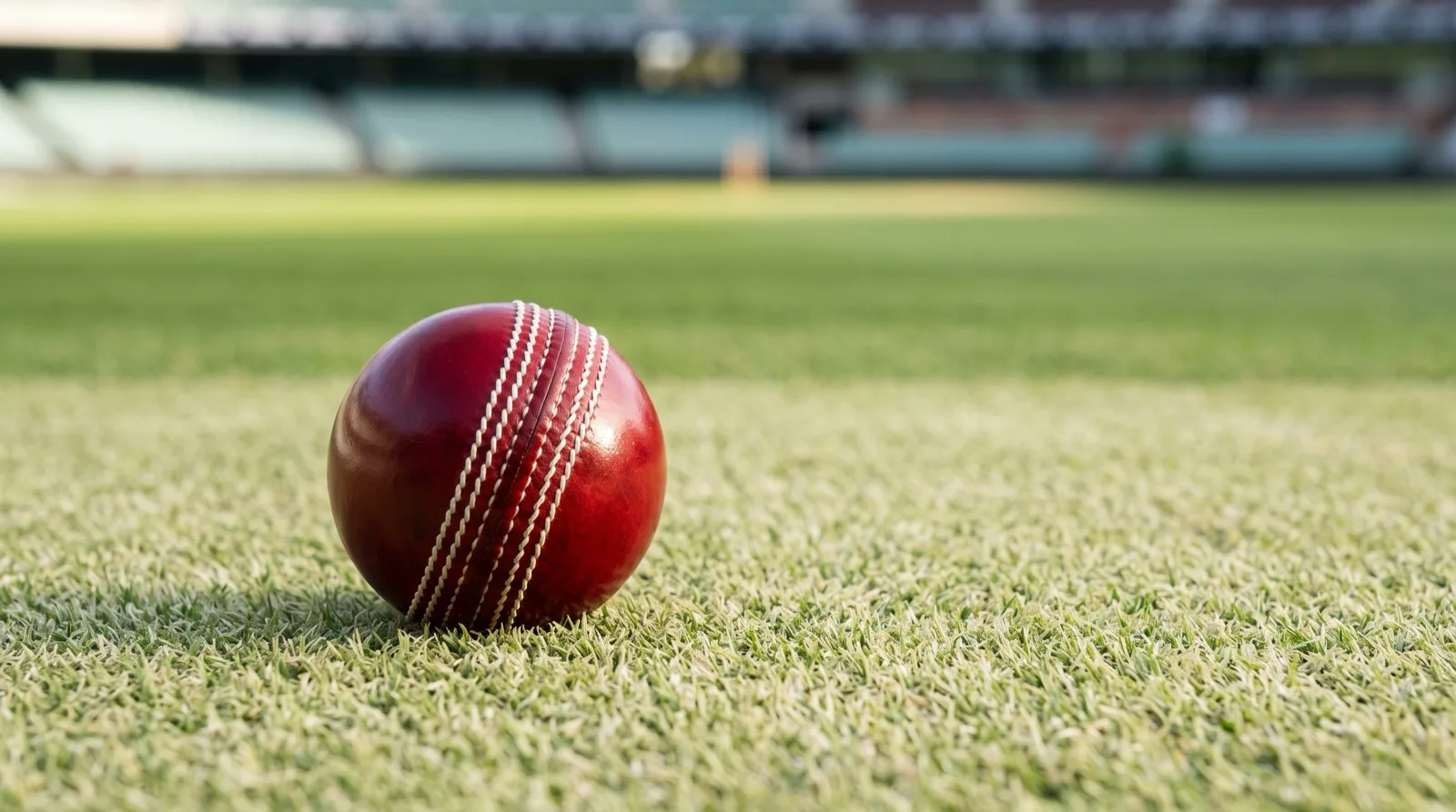 A new red leather cricket ball with a raised white seam resting on a freshly prepared Test pitch