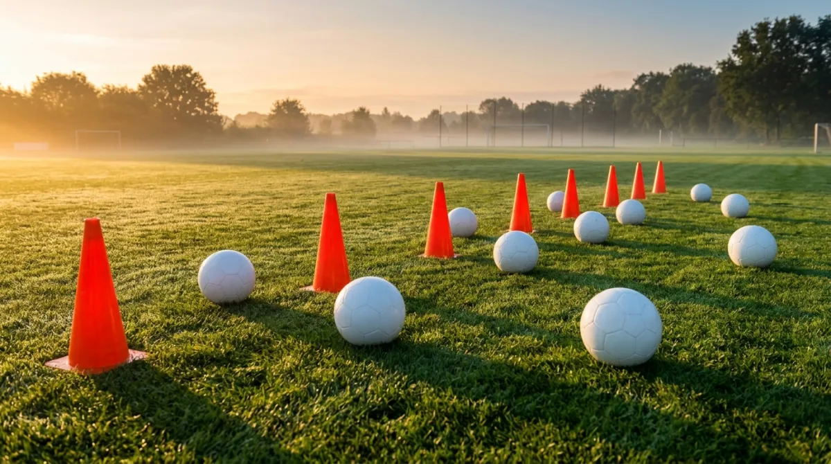 Orange marker cones and white footballs laid out on a misty training pitch at sunrise