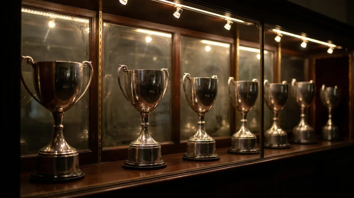 A row of polished silver trophies on a wooden shelf inside a lit glass display cabinet
